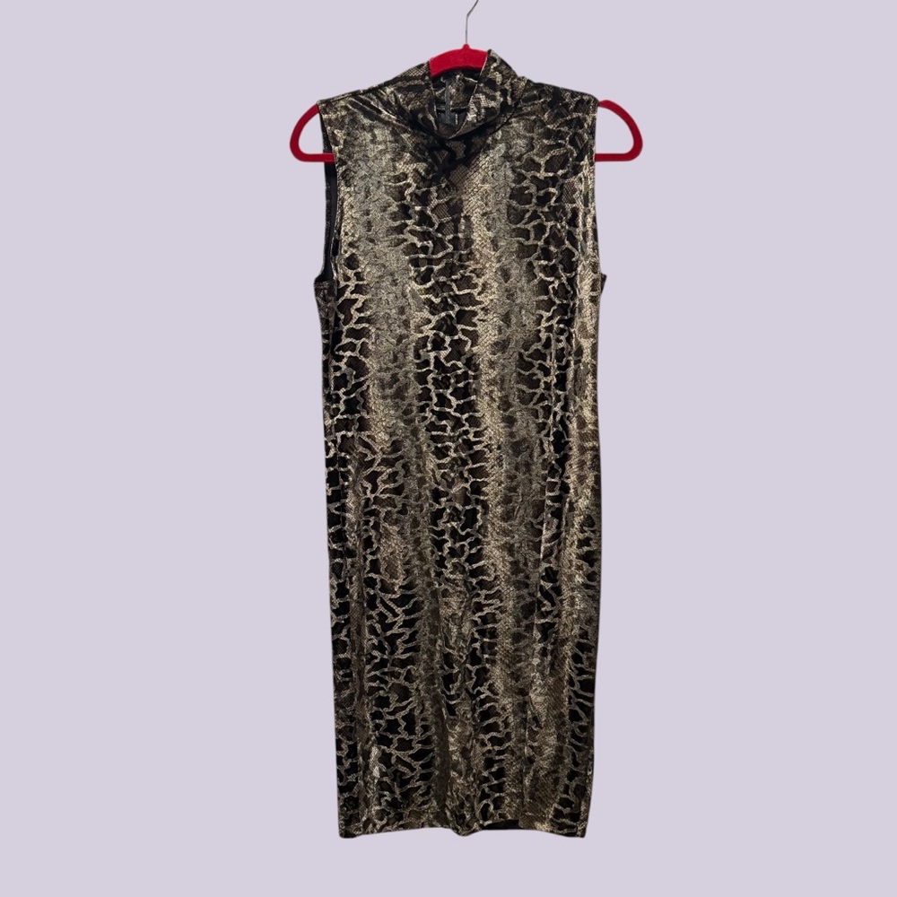 VTG Maggy London Gold and Olive Metallic Animal Print Midi Mock Neck Dress Sz 12 - Picture 2 of 7
